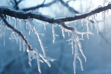 detailed close-up of icicles hanging from a frosty branch - Powered by Adobe