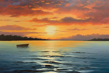 Fototapeta na wymiar Golden Horizon Reflections: An Oil Painting of a Serene Sunset Over Water
