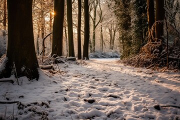 snowy footprints on a forest pathway
