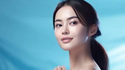 Skin care. Woman with beautiful face touching healthy facial skin. Beautiful portrait of smiling Asian girl model with natural make-up.