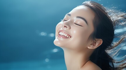 Skin care. Woman with beautiful face touching healthy facial skin. Beautiful portrait of smiling Asian girl model with natural make-up. - obrazy, fototapety, plakaty