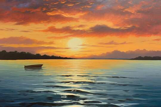 Golden Horizon Reflections: An Oil Painting of a Serene Sunset Over Water