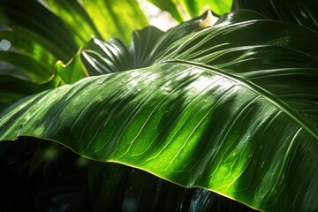 a close-up of a lush monstera leaf, veins highlighted by sunlight