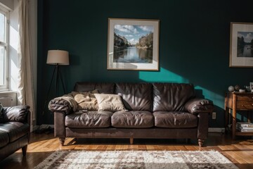 luxury livingroom interior design mockup with black leather furniture and picture frame in a wall. 