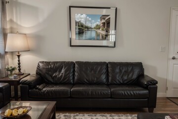 luxury livingroom interior design mockup with black leather furniture and picture frame in a wall. 