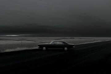 Fototapeta na wymiar Black car on road with rural landscape, copy space. Generative AI