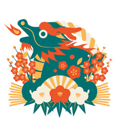 年賀状、正月、辰年、レトロカラー、イラスト、アイコン、しめ飾り、青