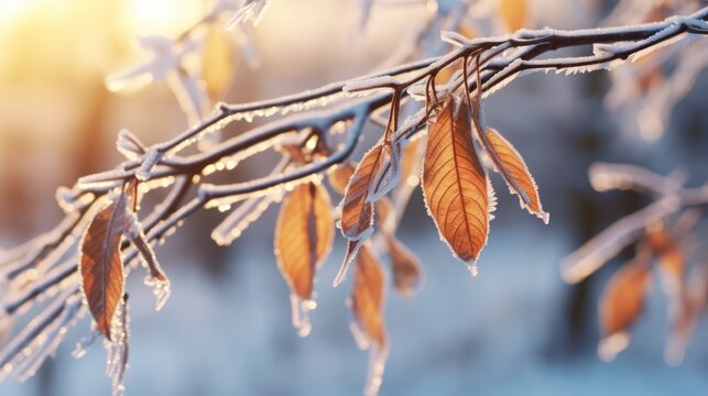 Winter's Touch: Dew-kissed leaves frozen in time.