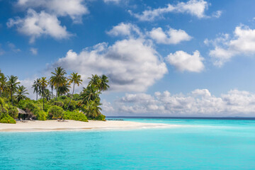 Popular tropical destination scene. Exotic beach palm trees white sand and calm seascape. Amazing...