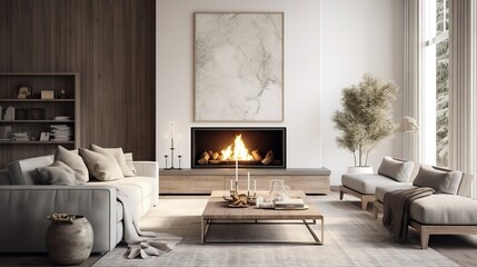  a living room filled with furniture and a fire in the fireplace.  generative ai