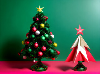 Christmas tree background knolling papercut vintage colors.