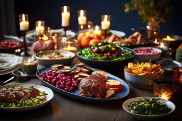Obraz premium hanukkah table spread with plant-based dishes and menorah