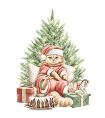 Watercolor composition with cute Christmas little cat kitten character sitting with presents and gifts boxes near Christmas tree isolated on white background. Hand drawn illustration sketch