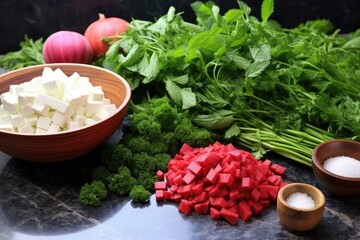 ingredients for watermelon salad - whole watermelon, feta, and mint on a countertop