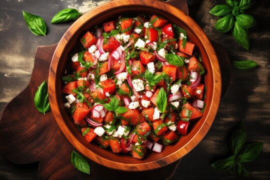 Overhead Shot Of Watermelon Salad With Feta Cheese And Basil