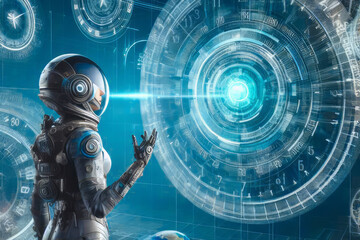 Futuristic woman in space suit standing in front of clocks illustrating passage of time