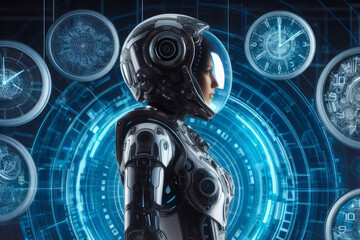 Obraz premium Futuristic woman in space suit standing in front of clocks illustrating passage of time
