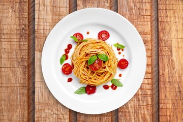 Tasty fresh pasta noodles dish with sauce