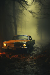 Obraz na płótnie Canvas classic car with headlights on road in autumn in the fog in a foggy forest at twilight. The mystical atmosphere of a thriller