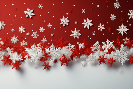 White snowflake print, ppt template, copy space, red and green background. AI generative