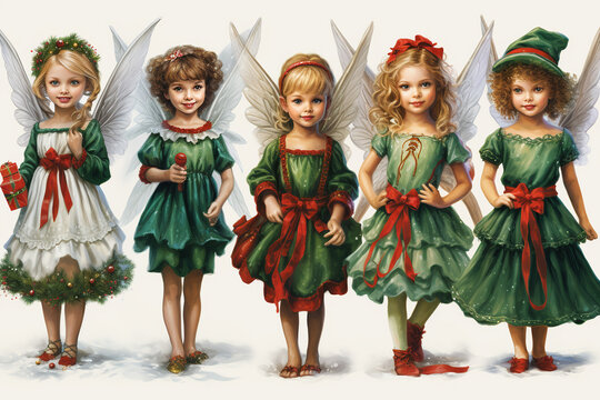 Christmas fairy tale. Little angels in green dresses. Christmas background.