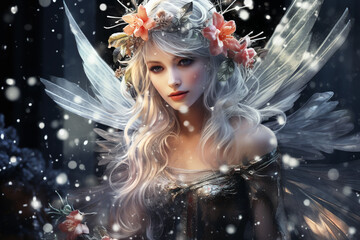 Beautiful fairy in a dark room with a garland of lights. beautiful blonde angel with wings on black background. Portrait of a beautiful fairy with wings. Fairy tale theme. - obrazy, fototapety, plakaty
