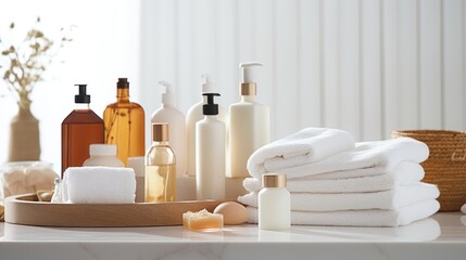 Toiletries, soap, towel, creams, and lotions on a blurred white bathroom spa background.