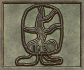 Hieroglyphic writing of the Maya tribe- 3d illustration. Metal background- antique decoration.