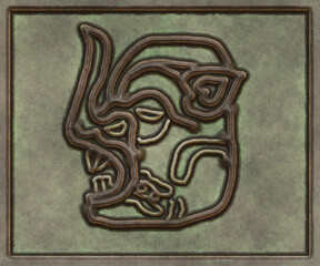 Hieroglyphic writing of the Maya tribe- 3d illustration. Metal background- antique decoration.