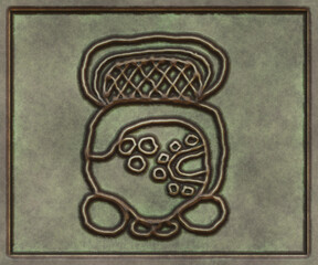 Hieroglyphic writing of the Maya tribe- 3d illustration. Metal background- antique decoration.