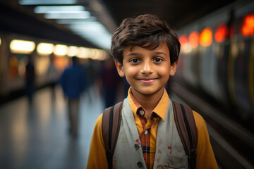 Indian little boy standing at metro station with school bag - obrazy, fototapety, plakaty