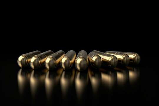 Isolated bullet cartridges on black background (3D render). Generative AI