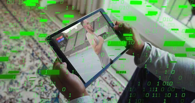 Animation of lines, binary codes over cropped hands of biracial man watching video on digital tablet