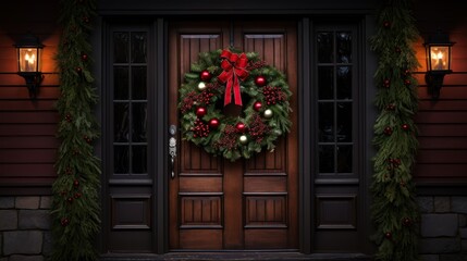 Fototapeta na wymiar Christmas wreath hanging on a door, with room beside it for festive greetings.