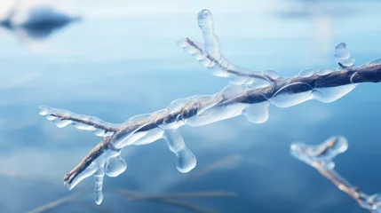 Fotobehang A single frozen twig stretches across the view, its delicate charm highlighting the icy emptiness. © rorozoa