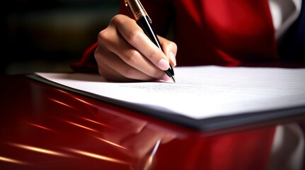 Mujer con un vestido rojo elegante firmando un documento en un despacho - obrazy, fototapety, plakaty