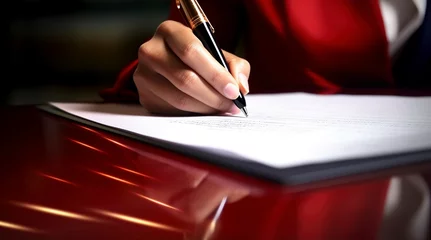 Fotobehang Mujer con un vestido rojo elegante firmando un documento en un despacho © dmtz77