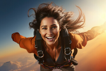 Obraz premium Young Indian woman flying with a parachute bag on back