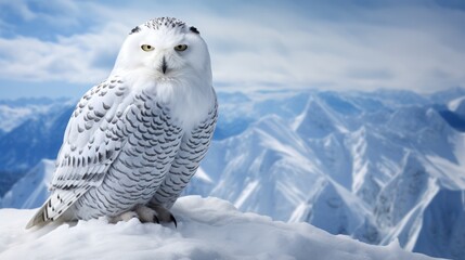 A snowy owl sits on a perch, its vigilant eyes surveying a vast, snowy landscape.