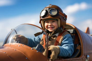 child pilot with airplane in the sky