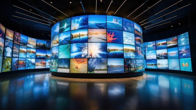 A video wall featuring multimedia images displayed on various television screens.