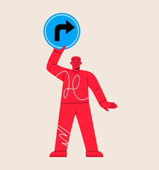 Men holding traffic road sign turn right. Colorful vector illustration