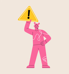 Women holding traffic road sign caution. Colorful vector illustration