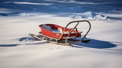 A solitary sled sits on fresh snow. - obrazy, fototapety, plakaty
