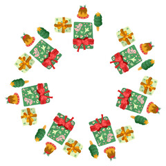 Cute vector Christmas mandala with cute holiday icons on white background. Hand drawn vector illustration.