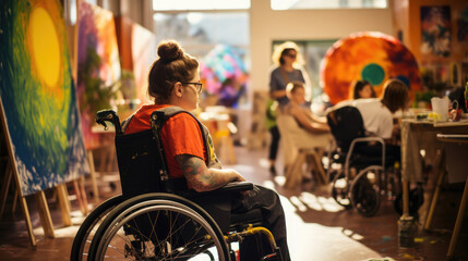 Obraz premium Expressive Art: Wheelchair Artist Immersed in Vibrant Colors