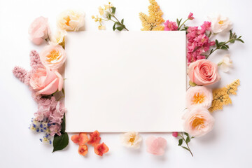 Bouquet of pink flowers and empty paper sheet from above. vintage card, top view, space for text, flat lay, mockup.