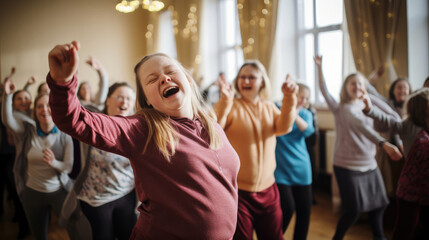 Fototapeta premium Exuberant dance class featuring a shining Down Syndrome participant.
