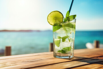 alcoholic Mojito cocktail with fresh lime, mint leaves. ice cubes placed on wooden board near sea or ocean in summer day
