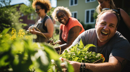 Collaborative gardening: person with Down syndrome leads with enthusiasm.